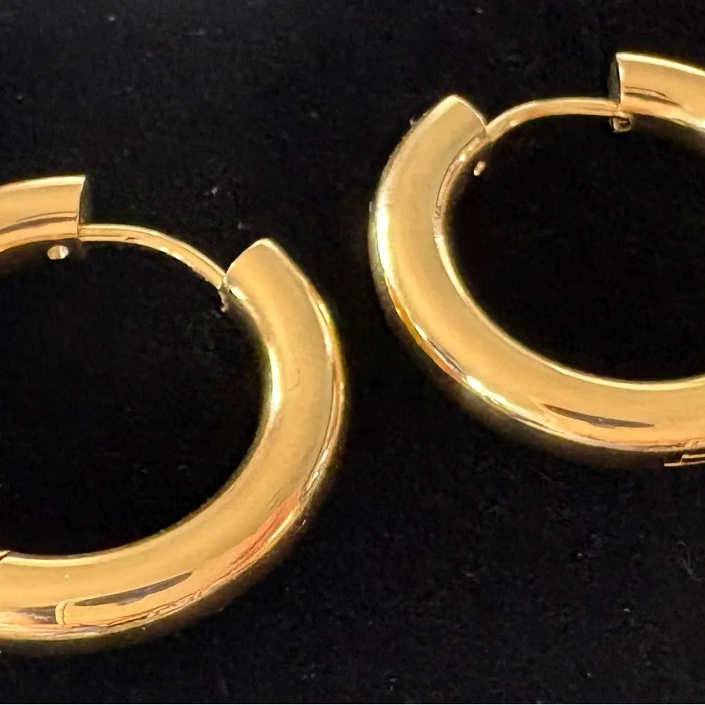 Gold hoop earrings; 18k PVD; hypoallergenic; waterproof and tarnish proof!
